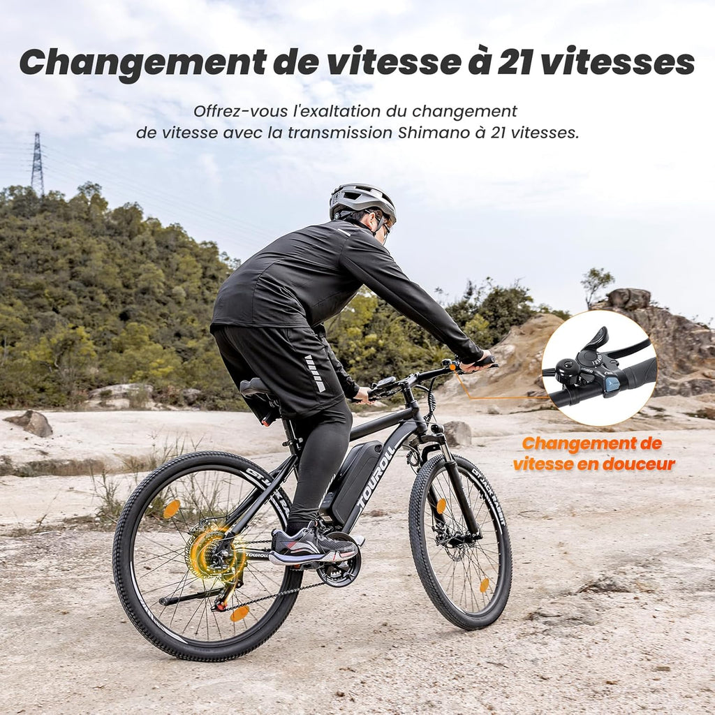 Touroll U1 Vélo Électrique, 26"/29" Vélo Électrique en Montagne pour Adulte, VTT électrique 250 W, Batterie Amovible 13AH, Autonomie 65 km, E-Bike 21 Vitesses