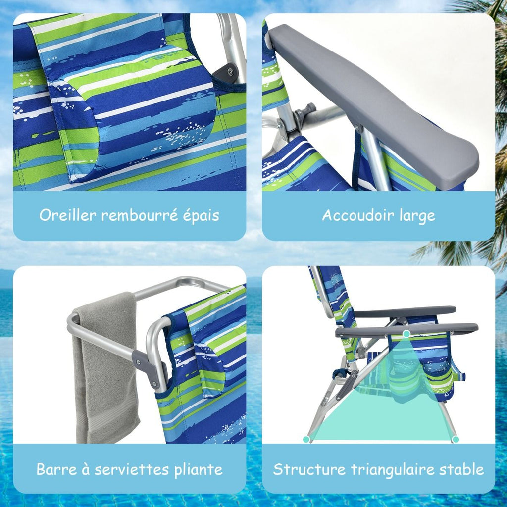 Lot de 2 Chaises de Camping Plage Pliante Table Enroulable en Aluminium Appui-tête Dossier Réglable à 5 Positions 6 Couleurs au Choix -