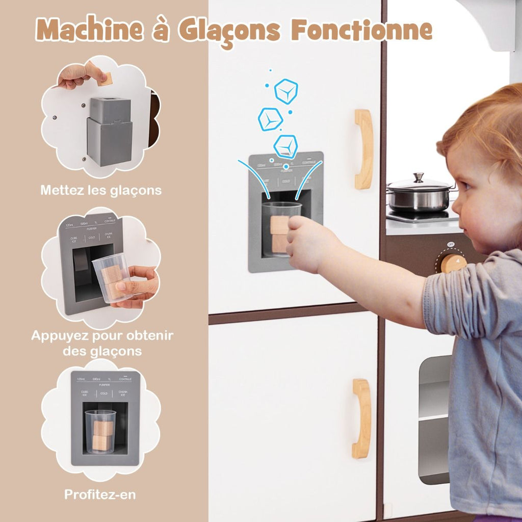 Jeu de Cuisine d'Angle pour Enfants de 3 Ans et Plus en Bois Machine à Glaçons Porte-serviettes Accessoires Effets Sonores et Lumineux -