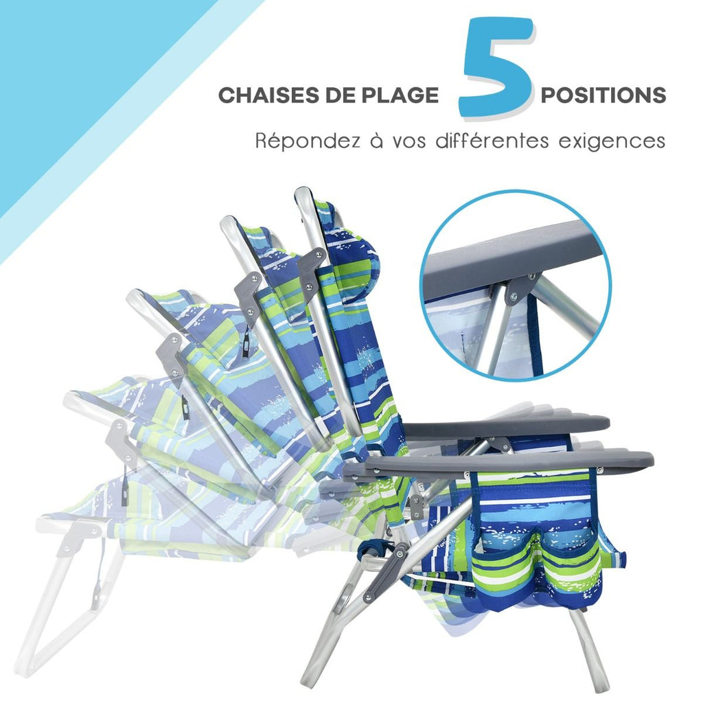 Lot de 2 Chaises de Camping Plage Pliante Table Enroulable en Aluminium Appui-tête Dossier Réglable à 5 Positions 6 Couleurs au Choix -
