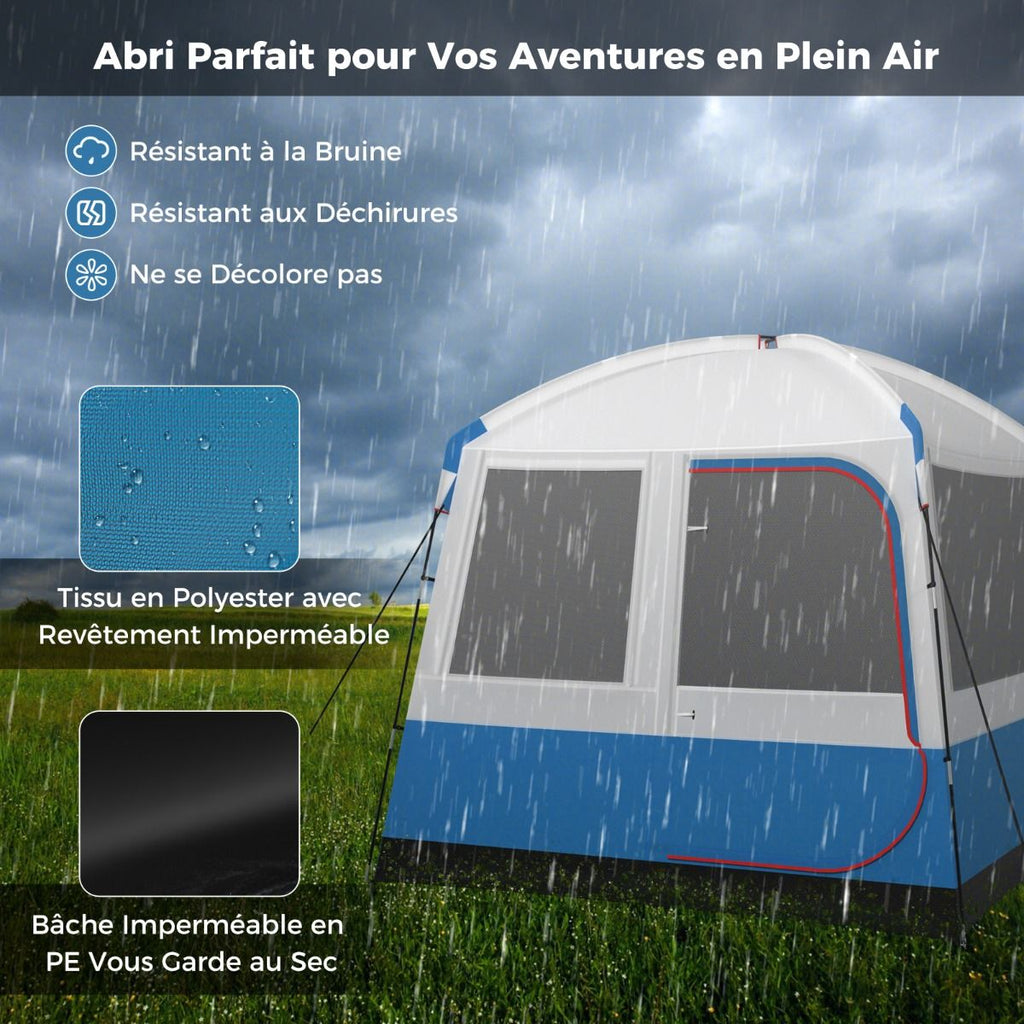 Tente de Camping pour 5 Personnes Tente D么me tanche avec Porte et Fen锚tres en Maille Sac de Transport 248x248x230cm Bleu + Blanc -