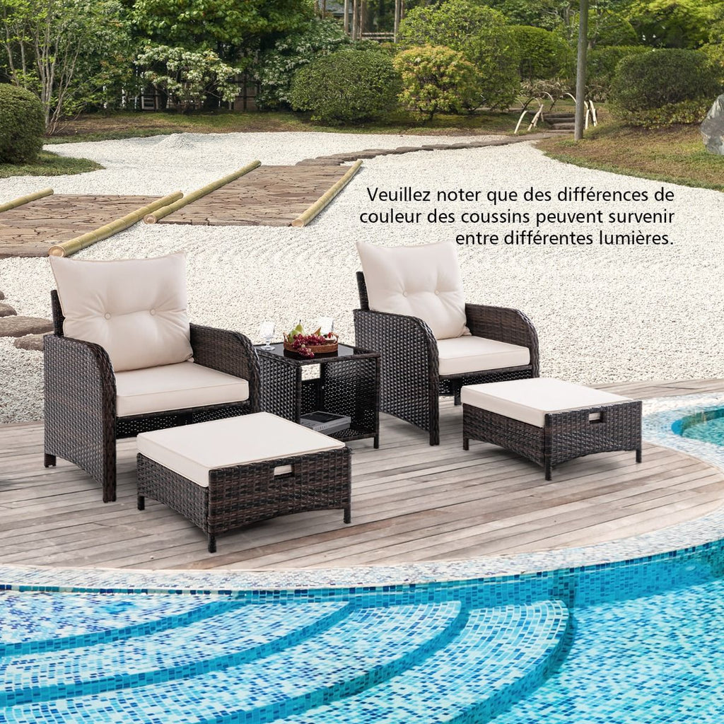 Meubles de Patio 5 Pices Ensemble de Canap d'Extrieur en Rotin avec 2 Chaises 2 Poufs et 1 Table Basse Coussins Doux Plateau en Verre Tremp Beige -