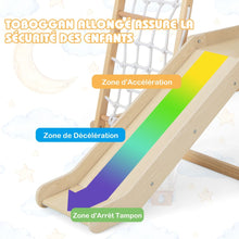Load image into Gallery viewer, Triangle d'Escalade 6 en 1 en Bois avec Toboggan et Filet Barre pour Grimper Ramper et Glisser 1 An+ Coloré/Naturel -