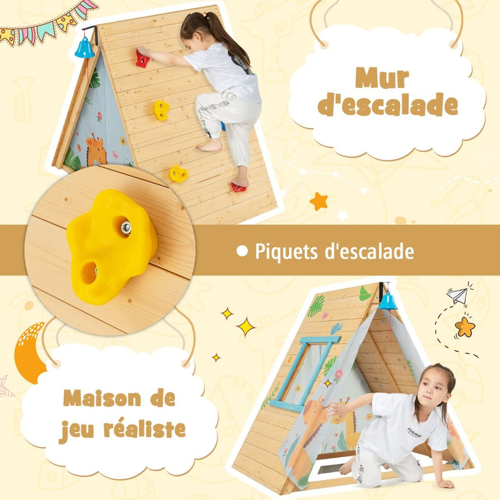 Maison de Jardin Enfants 2 en 1 avec Escalade Cloche Impermable Cabane en Bois de Sapin Exterieur et Intrieur 3-8 Ans -