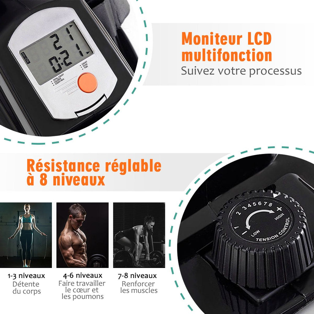 Rameur Magnétique Pliable 8 Niveaux de Résistance Écran LCD Numérique Poids Supporté de 100 KG pour Maison et Bureau -