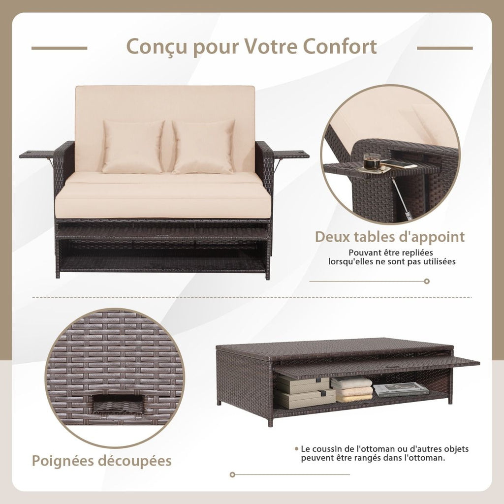 Salon de Jardin Extrieur Ajustable  Lit,2 Place avec Stockage Cach,Dossier Rglable  4 Niveaux en Rotin PE -