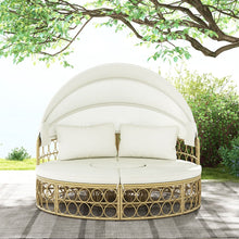 Load image into Gallery viewer, Lit de Repos Rond pour Patio avec Auvent Rtractable Ensemble de Sige Sectionnels Spars en Rotin PE avec Coussins Doux Blanc -