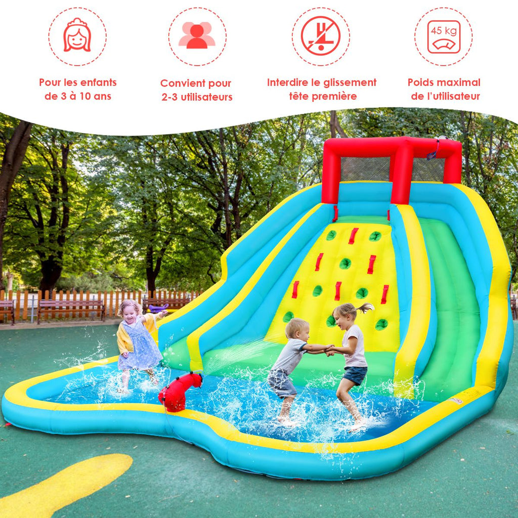 Toboggan Aquatique Gonflable 5 en 1 avec Pataugeoire Aire de Jeux Gonflable en Oxford avec Mur d'Escalade Charge 150kg pour 3-10 Ans (sans Souffleur) -