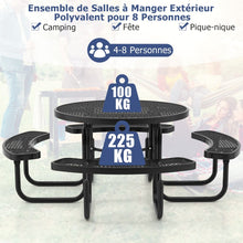 Load image into Gallery viewer, Table de Pique-Nique Ronde avec 4 Bancs Intégrés pour 8 Personnes Table de Camping en Métal avec Sièges et Trou pour Parasol 202x75cm Noir -