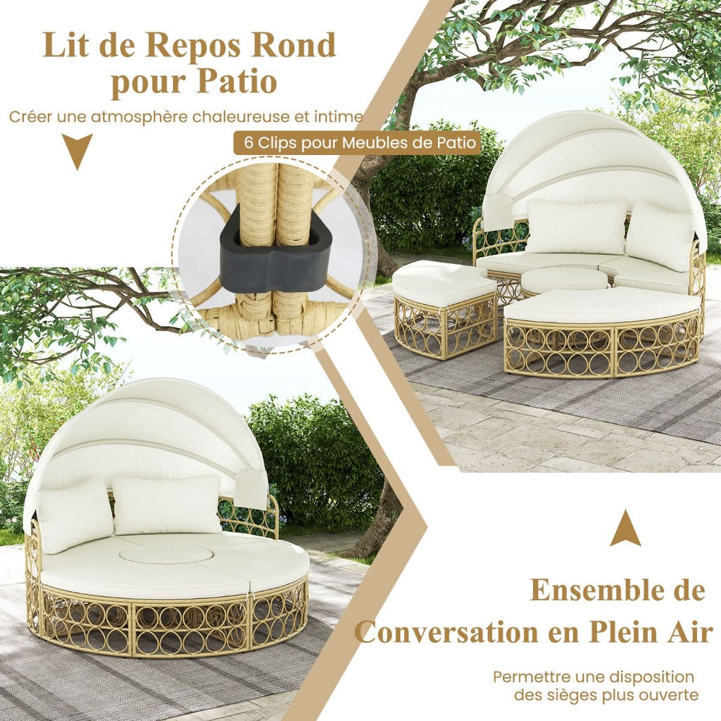 Lit de Repos Rond pour Patio avec Auvent Rétractable Ensemble de Siège Sectionnels Séparés en Rotin PE avec Coussins Doux Blanc -
