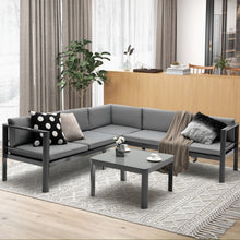 Load image into Gallery viewer, Salon de Jardin Extérieur avec Table Basse en Verre Trempé Canapéavec Dossier Inclinable à 6 Niveaux Coussins Inclus Gris -