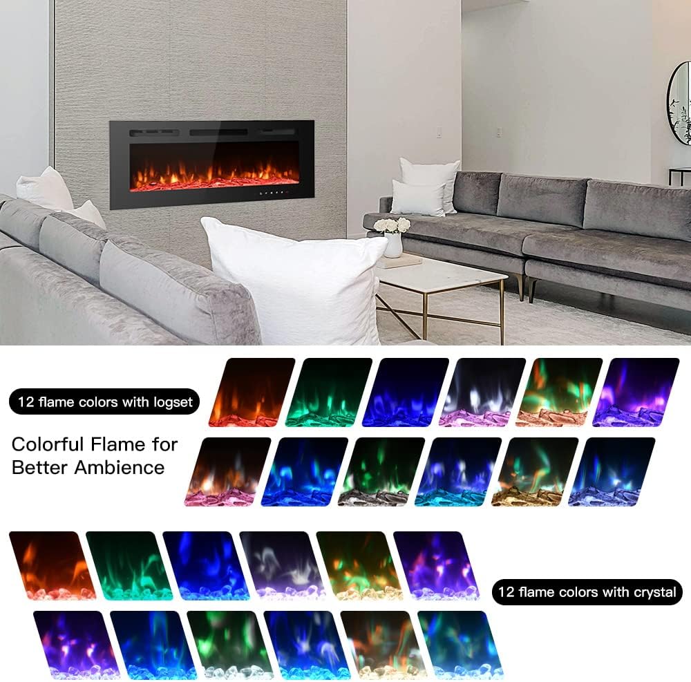 M.C.Haus Cheminée électrique Ultra-Mince, Silencieuse, 12 Couleurs de Flamme Variables, écran Tactile en Verre et Télécommande, avec Jeu de Bûches et Cristal(102cm,Noir)