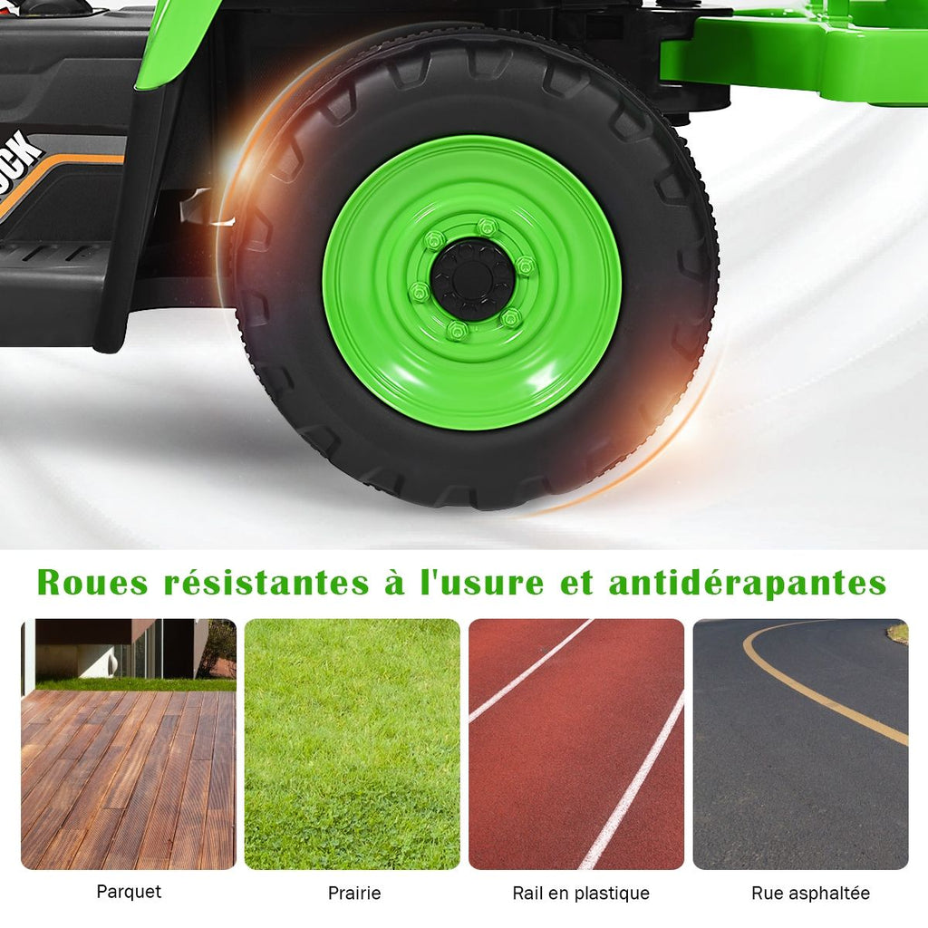 Tracteur Electrique avec Remorque pour Enfants 3 Vitesses Lumières LED Fonctions o USB et Bluetooth Jaune/Rose/Rouge/Vert/Vert Foncé/Noir -