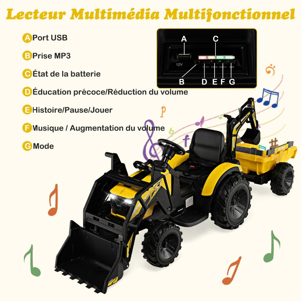 Tracteur Electrique 12 V pour Enfants 3-5 km/h Tlcommande MP3 USB Vert/Jaune -