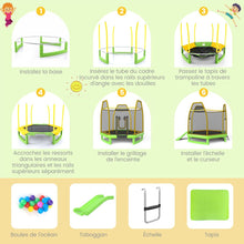 Load image into Gallery viewer, Trampoline Extérieur Ø 223cm avec Toboggan&amp;Echelle avec Filet de Sécurité 2 Portes en U Charge 270kg pour 2-3 Enfants de 3 Ans+ Bleu/Vert -