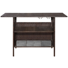Load image into Gallery viewer, Table de Bar de Jardin en Rsine Tresse avec 2 Etagres de Rangement 2 de Rails pour Porte-Verres Marron -