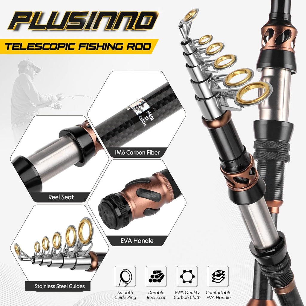 PLUSINNO Ensemble Canne à pêche et Moulinet – Canne à pêche télescopique en Fibre de Carbone – Moulinet Rotatif 12 + 1 roulements blindés en Acier Inoxydable BB