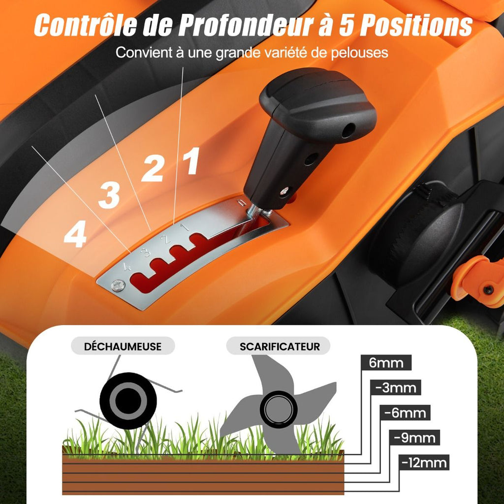 Scarificateur Électrique 2 en 1 de 15A avec Double Interrupteur de Sécurité Réglable Sac de Ramassage 55 L Scarificateur Orange/Vert -