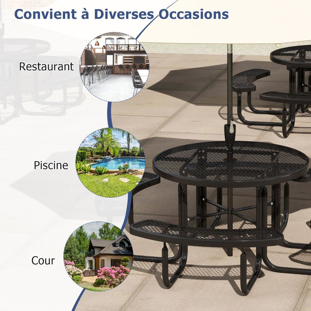 Table de Pique-Nique Ronde avec 4 Bancs Intégrés pour 8 Personnes Table de Camping en Métal avec Sièges et Trou pour Parasol 202x75cm Noir -