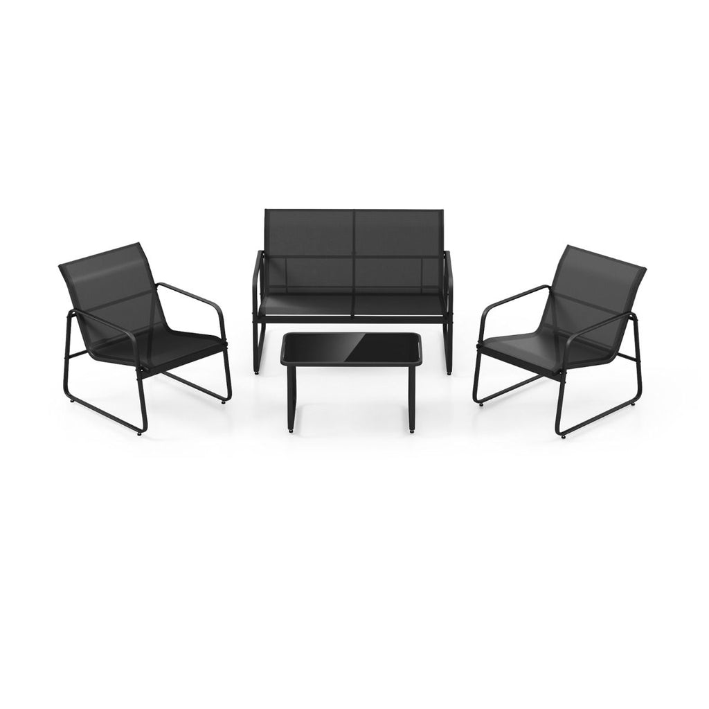 Salon de Jardin 4 Pices avec 2 Chaises Table en Verre Tremp et Causeuse Meuble Extrieur en Tissu Respirant Cadre Mtallique Noir -
