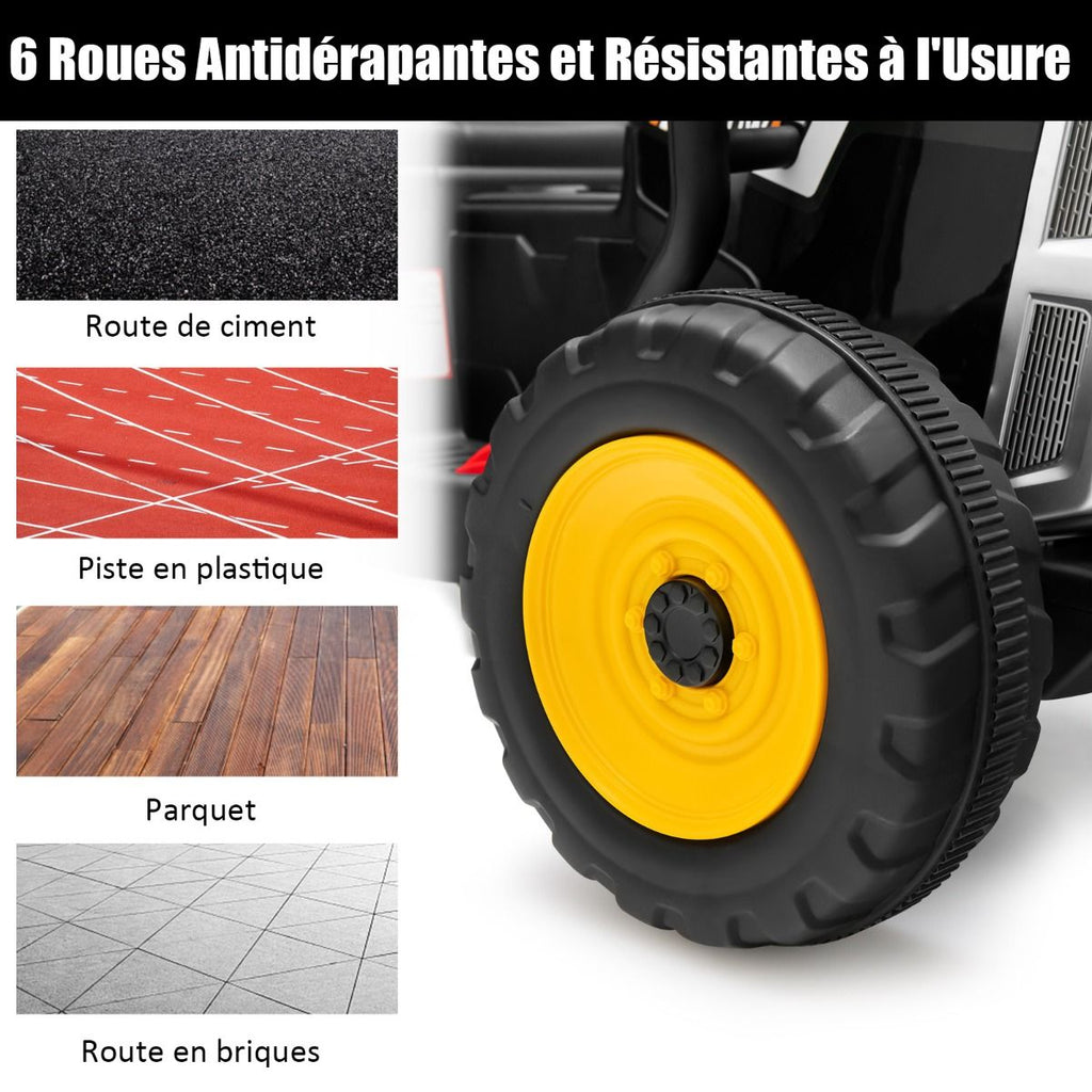 Tracteur Electrique avec Remorque pour Enfants 3 Vitesses Lumires LED Fonctions o USB et Bluetooth Jaune/Rose/Rouge/Vert/Vert Fonc/Noir -