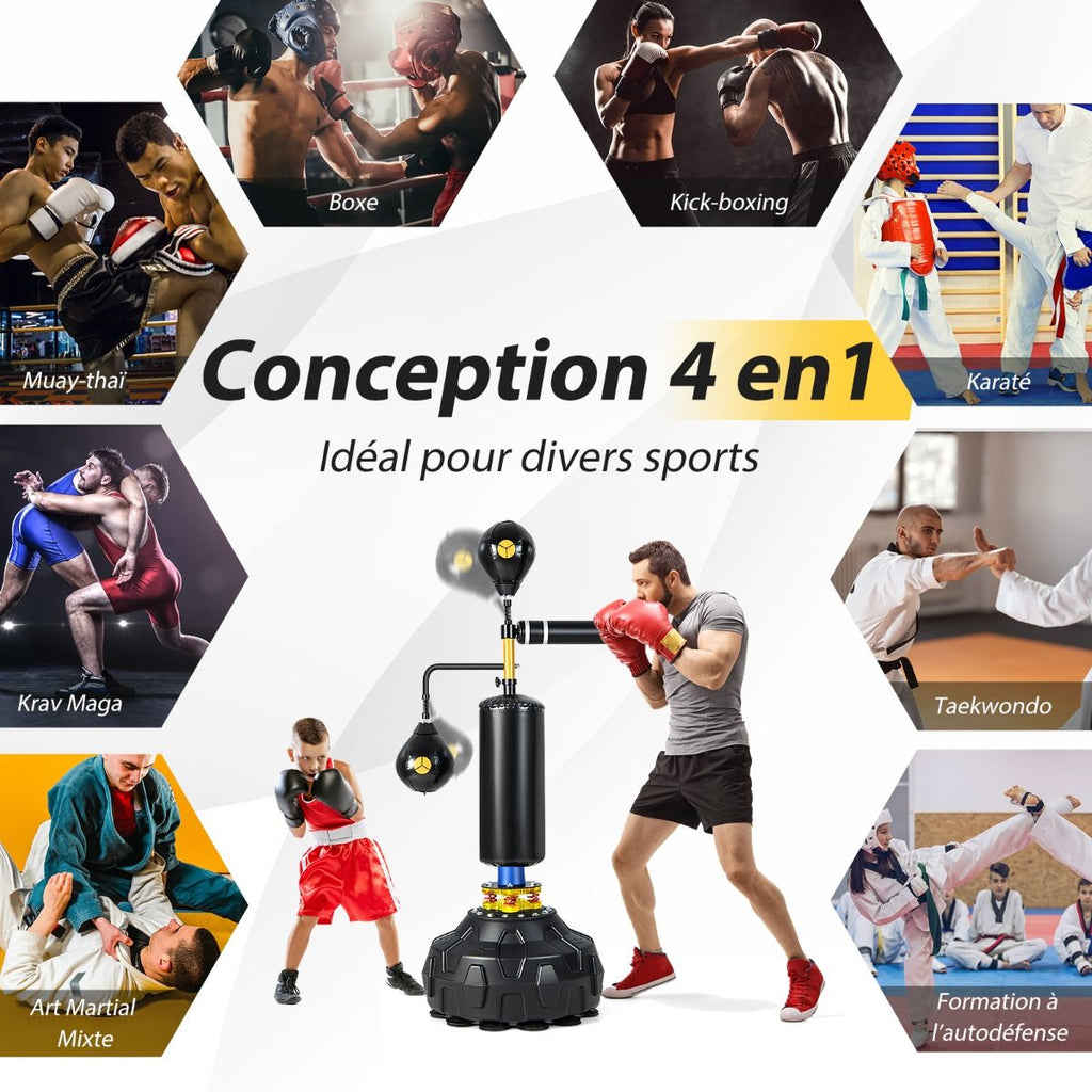 Sac de Frappe sur Pied Entraîneur de Vitesse en Boxe Barre Pivotante à 360° Punching Ball Hauteur Réglable 168-201cm pour MMA Adolescents & Adultes -