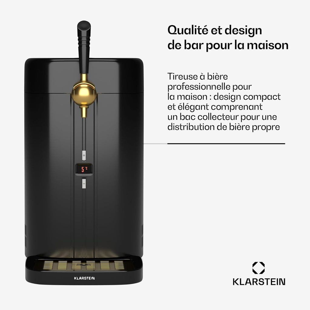Klarstein FrostBrew Tireuse à Bière - Système de Pression CO₂ Fûts 5L Refroidissement Thermoélectrique 3-12°C Levier de Tirage Noir/Or