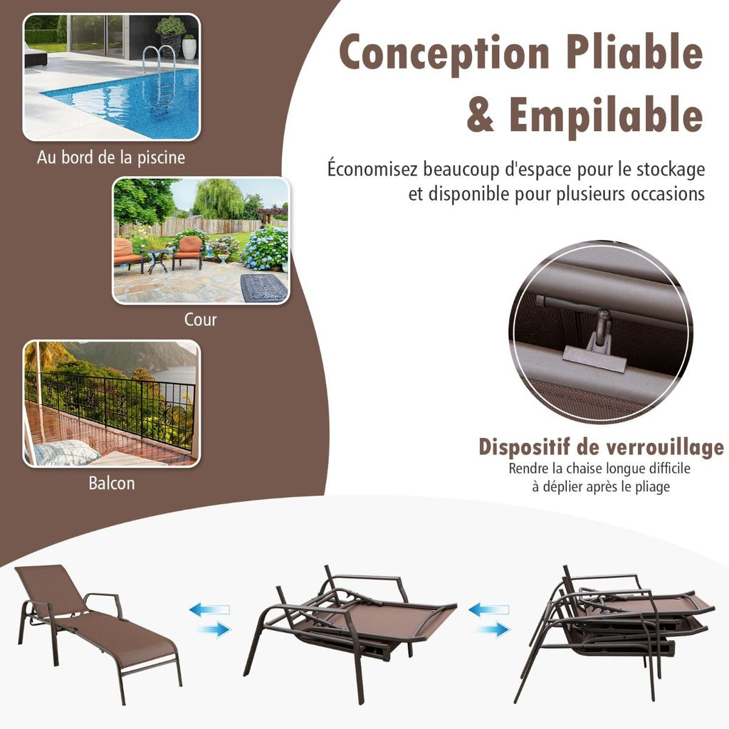 Lot de 2 Chaises longues avec Dossier Rglable Tissu Respirant Structure Robuste en Acier Charge Max 150KG -