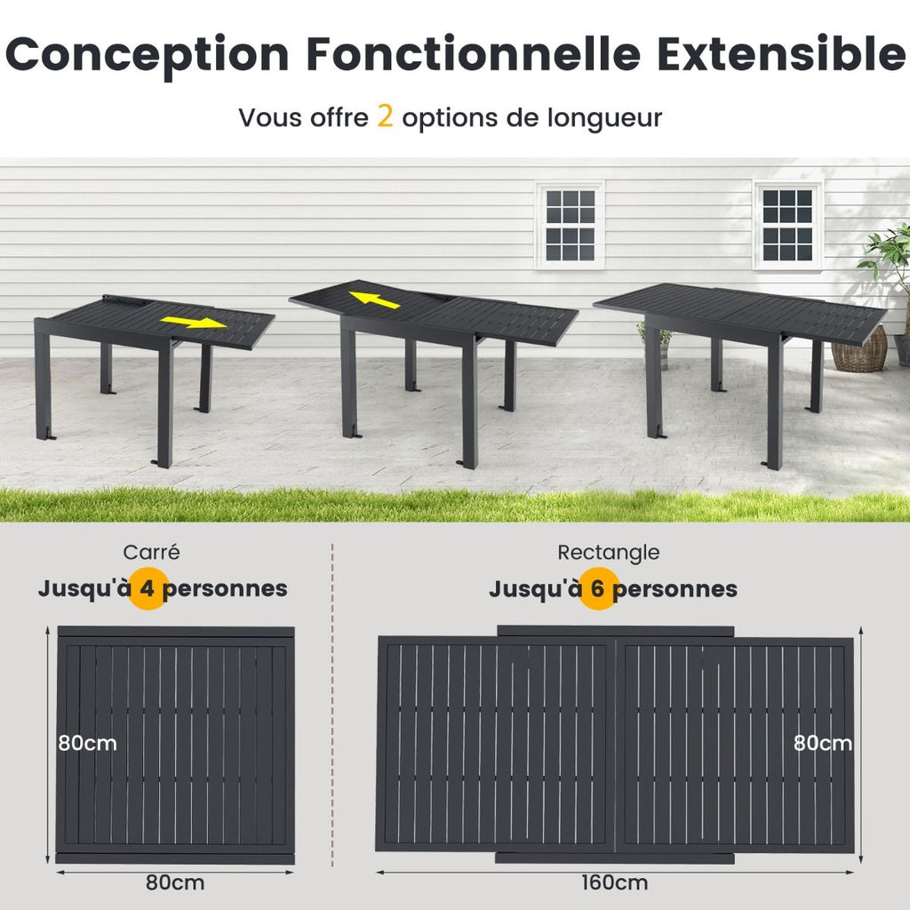 Table de Jardin Extensible en Aluminium Ajustable de 80 à 160 CM Table à Manger Extérieure Plateau à Lattes pour 4-6 Personnes Gris Foncé -