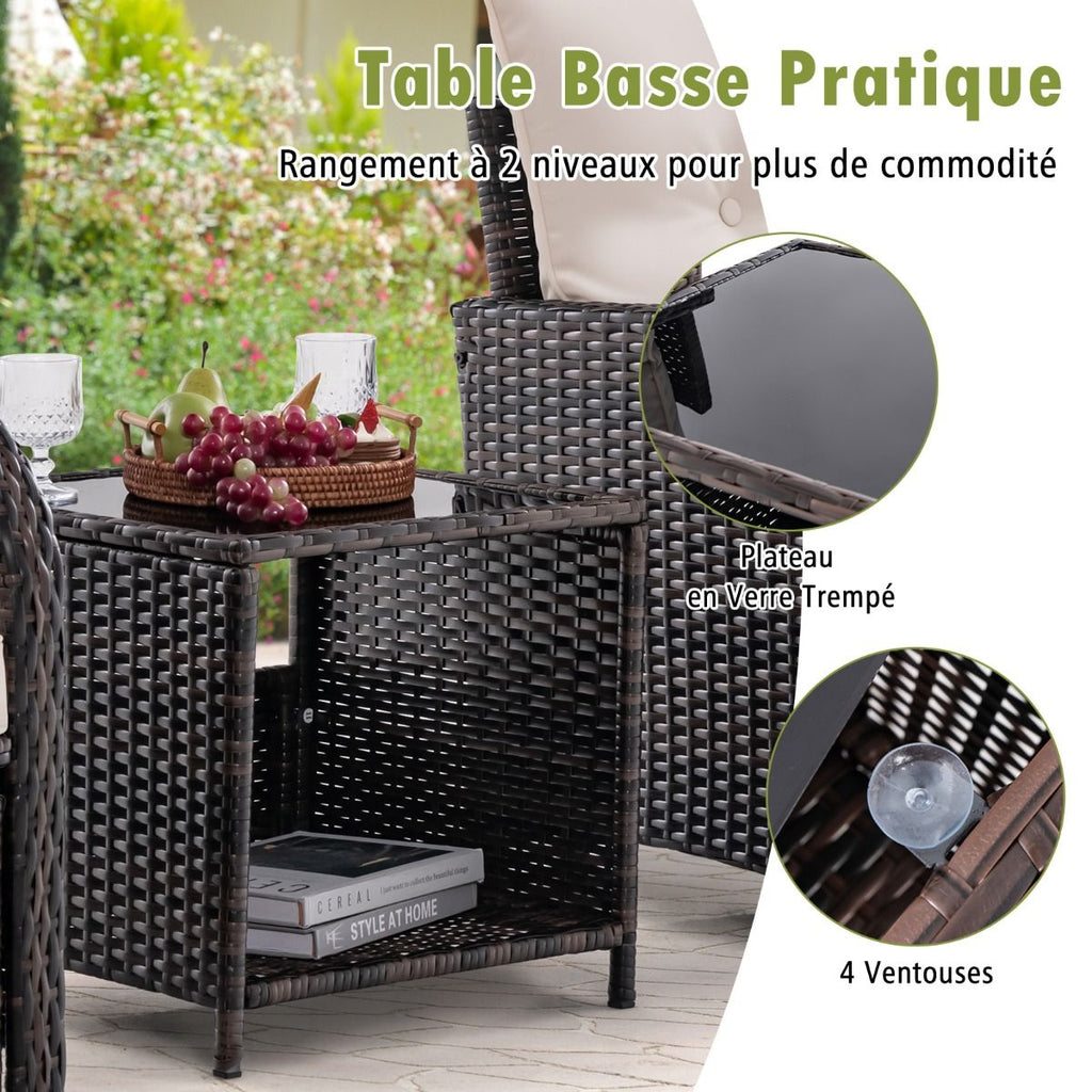 Meubles de Patio 5 Pices Ensemble de Canap d'Extrieur en Rotin avec 2 Chaises 2 Poufs et 1 Table Basse Coussins Doux Plateau en Verre Tremp Beige -
