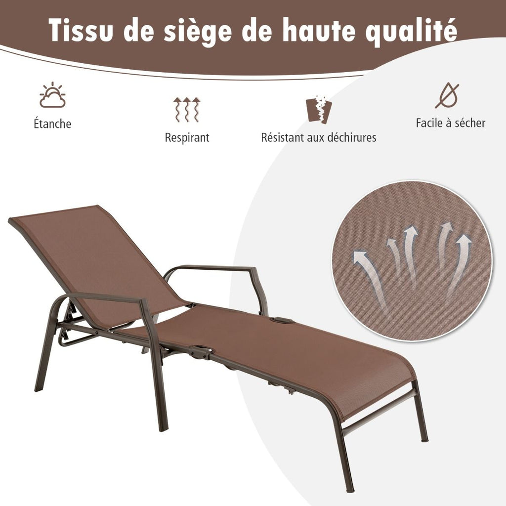 Lot de 2 Chaises longues avec Dossier Réglable Tissu Respirant Structure Robuste en Acier Charge Max 150KG -