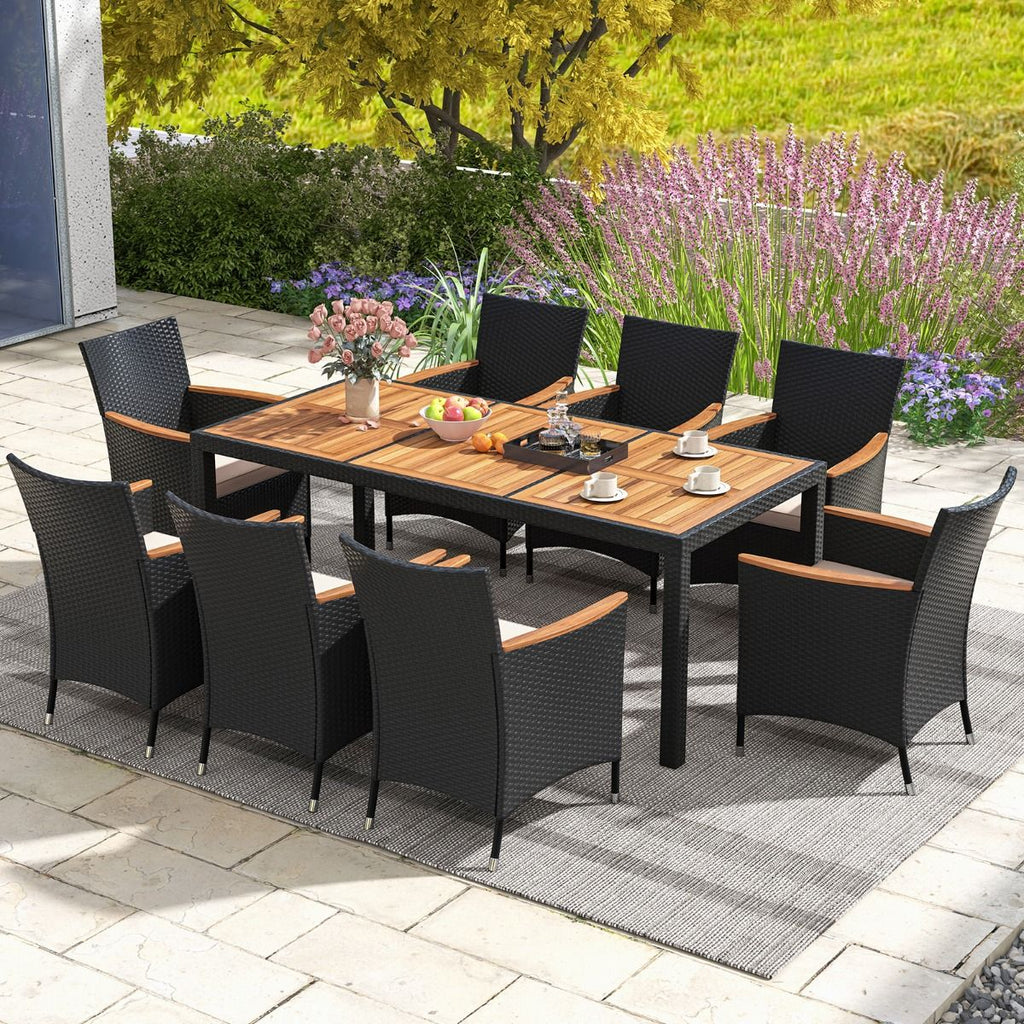Salon de Jardin en Rotin 9 Pièces Plateau de Table en Acacia Ensemble de Salle à Manger avec Coussins Amovibles Trou Charge 180KG Beige+Noir -