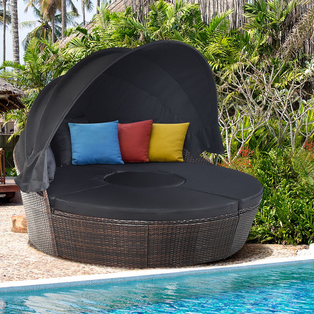 Lit de Jardin Rond d'Exterieur Table Relevable Modulable & Convertible - Pare Soleil Réglable rotin PE Coussins Inclus Noir -