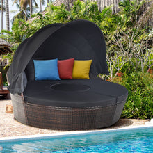 Load image into Gallery viewer, Lit de Jardin Rond d'Exterieur Table Relevable Modulable &amp; Convertible - Pare Soleil Réglable rotin PE Coussins Inclus Noir -