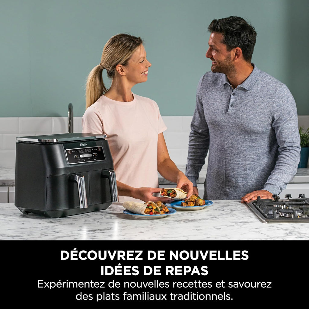 Foodi FlexDrawer Air Fryer,Dual Zone Avec Sparateur Amovible,Grand Tiroir de 10,4 L,7-en-1,Double Zone,Sans Huile,Pices Antiadhsives Compatibles Au Lave-Vaisselle,Noir AF500EU