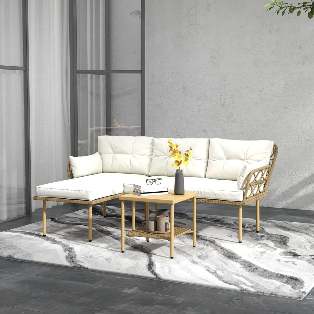 Outsunny Salon de Jardin Exterieur 4 Personnes 3 pièces avec 1 Table Basse Coussins Grand Confort Inclus résine tressée crème