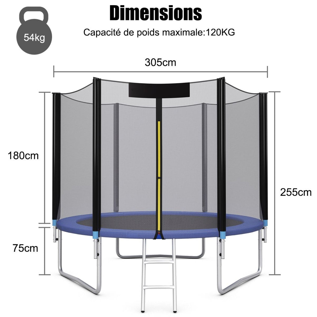 Trampoline de Jardin 脴 305cm avec Filet de Scurit Porte Entre Echelle Noir et Bleu -