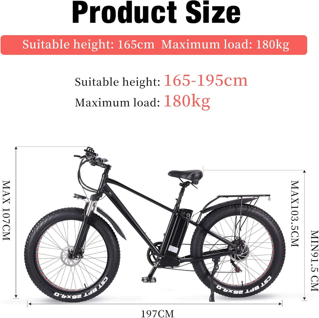ride66 Vélo électrique VTT pour Homme Adulte,26 Pouces 21Ah Batterie au Lithium Shimano 7 Vitesses,Vélo Homme Fat Bike Noir XL -