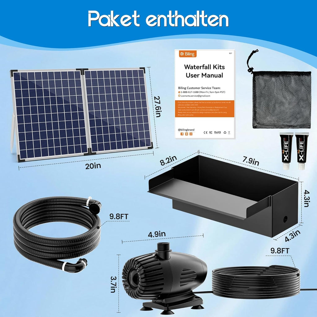 Kit complet de cascade solaire Biling pour bassin de jardin,cascade en acier inoxydable de 20 cm avec pompe de 2100 l/h pour mur d'eau de terrasse de jardin