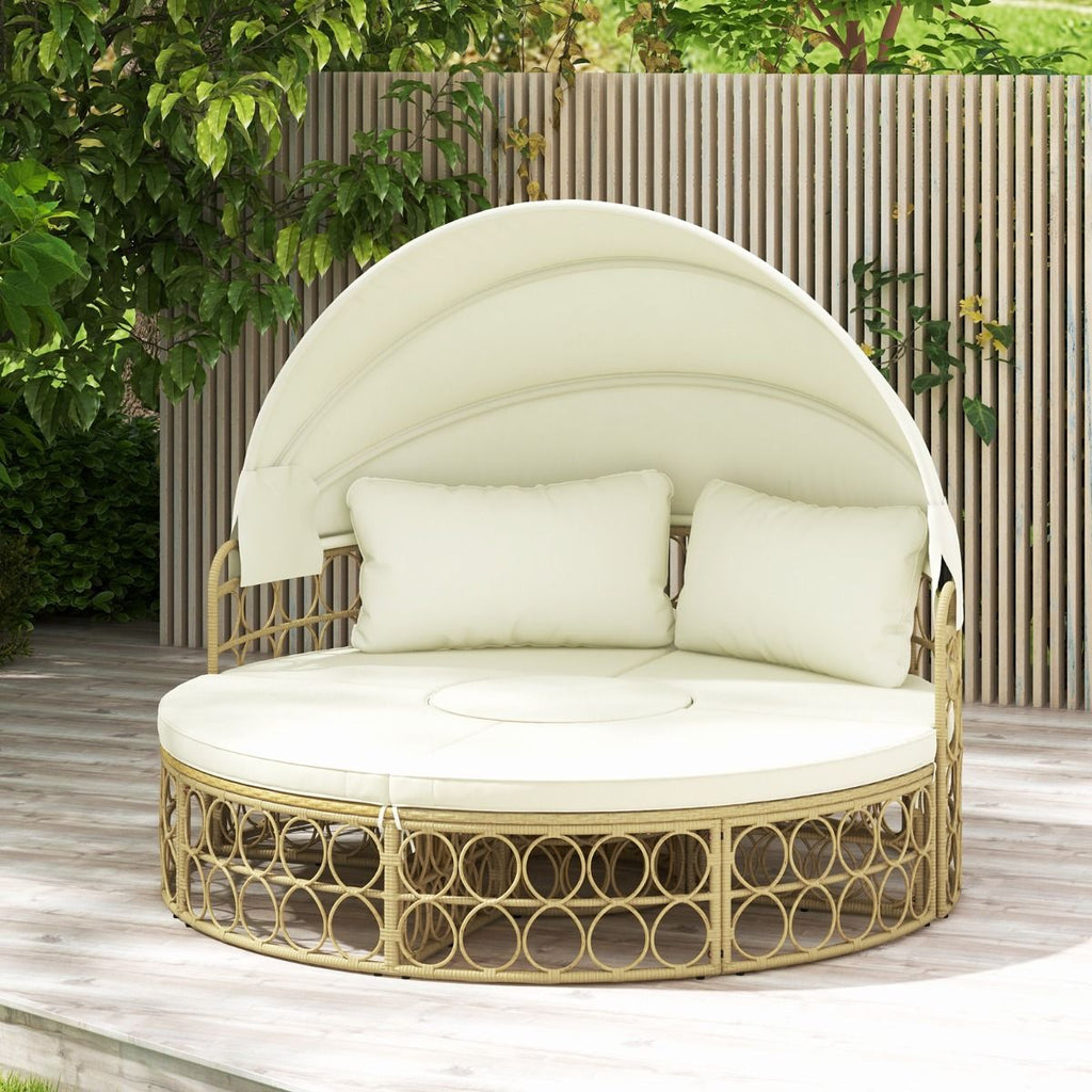 Lit de Repos Rond pour Patio avec Auvent Rtractable Ensemble de Sige Sectionnels Spars en Rotin PE avec Coussins Doux Blanc -