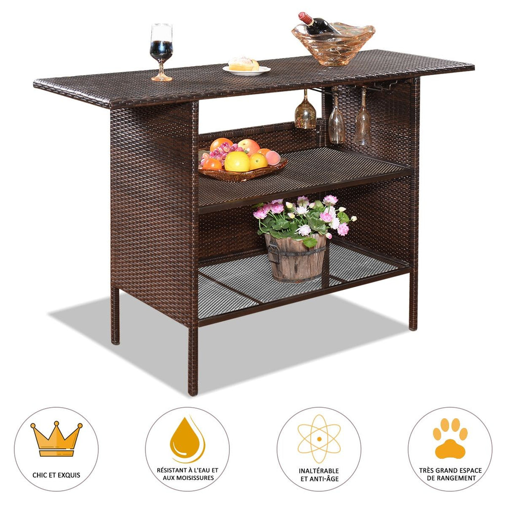 Table de Bar de Jardin en Résine Tressée avec 2 Etagères de Rangement 2 de Rails pour Porte-Verres Marron -