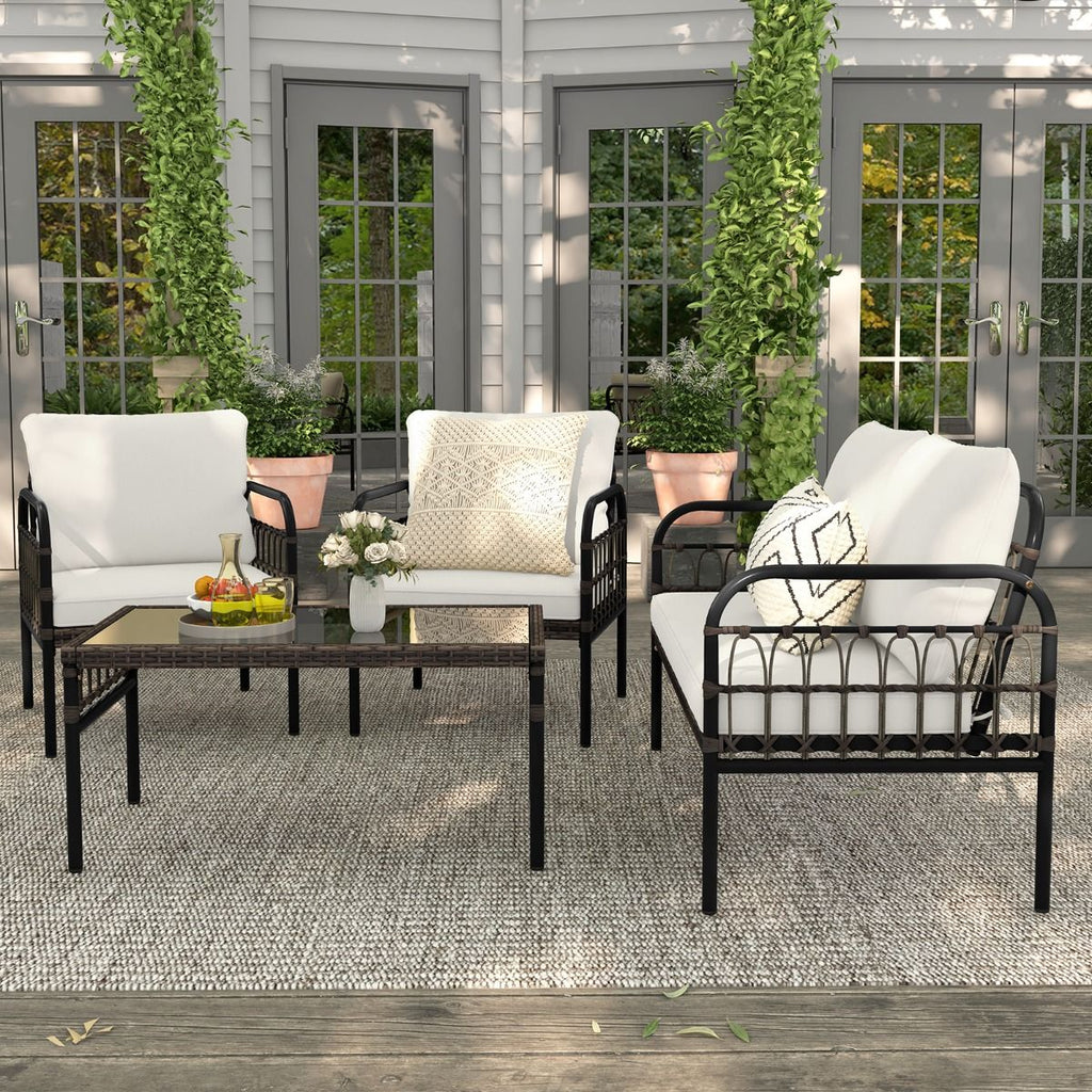 Meubles de Patio 4 Pièces en Rotin Charge 180-360KG avec Chaises Causeuse Coussins et Table Basse en Verre Trempé pour Balcon Blanc -