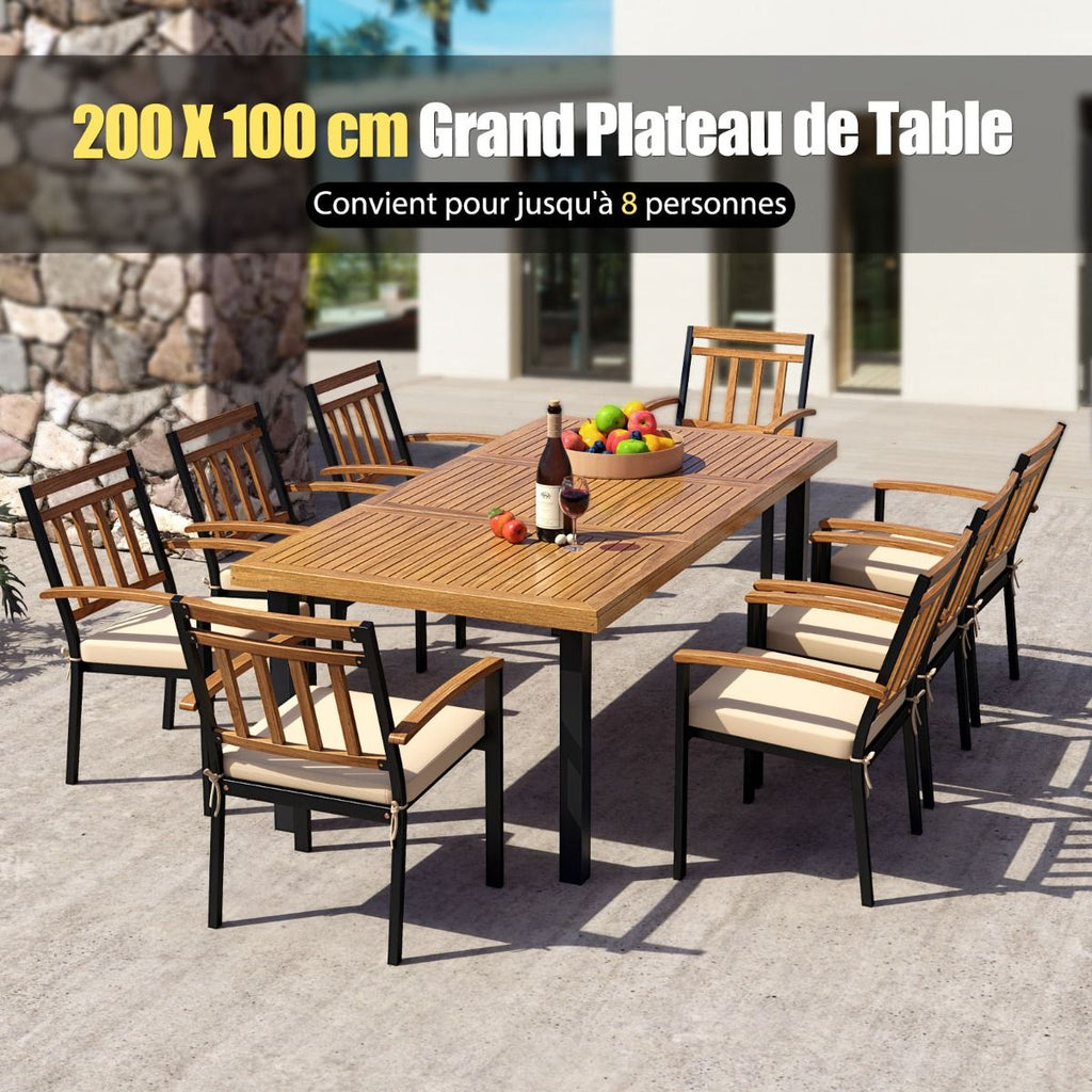 Table de Jardin 200 CM pour 8 Personnes Table Exterieur en Bois d’Acacia avec Trou de Parasol Dia.5 CM Design Latte Pieds en Métal -