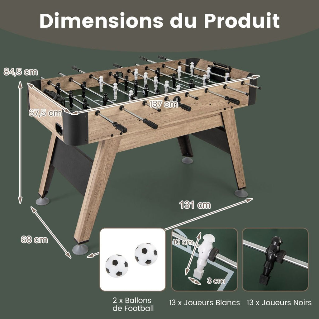 Table de Baby-Foot de 138 cm Table de Jeu de Football d'Arcade 2 Ballons 26 Joueurs 2 Marqueurs de Score Pieds Réglables -