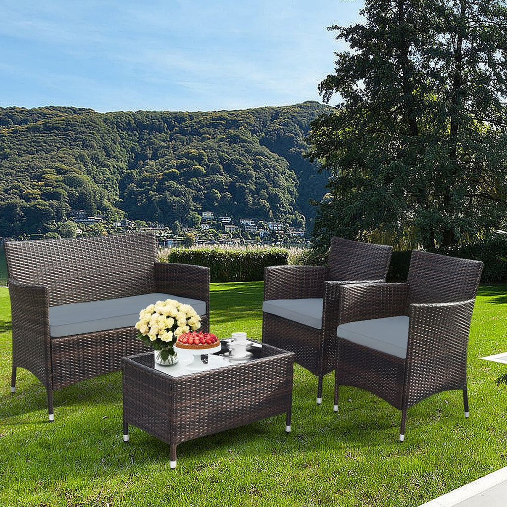 Salon de Jardin 4 PCS Mobilier de Terrasse en Rotin PE pour Vranda Patio Terrasse Piscine Marron et Gris -
