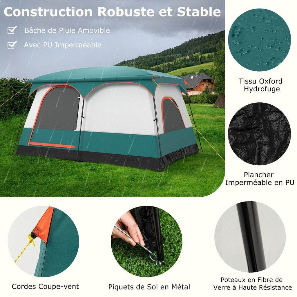 Tente de Camping pour 6/8/10 Personnes avec Auvent Grande Tente Familiale avec 2 Chambres 2 Portes 2 Fenêtres en Maille Vert -